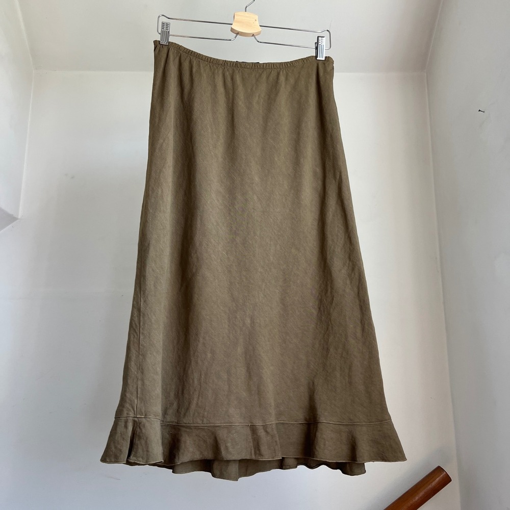 Vintage Cut Loose Skirt Linen Tencel Ruffle Hem Midi Olive Brown Elastic Waist